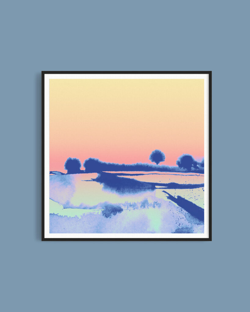 Framed modern landscape artwork - Mint | Blush by Paper + Land. On a blue wall in a slim black frame. Featuring a sunset ombre and original painting in Indian ink.