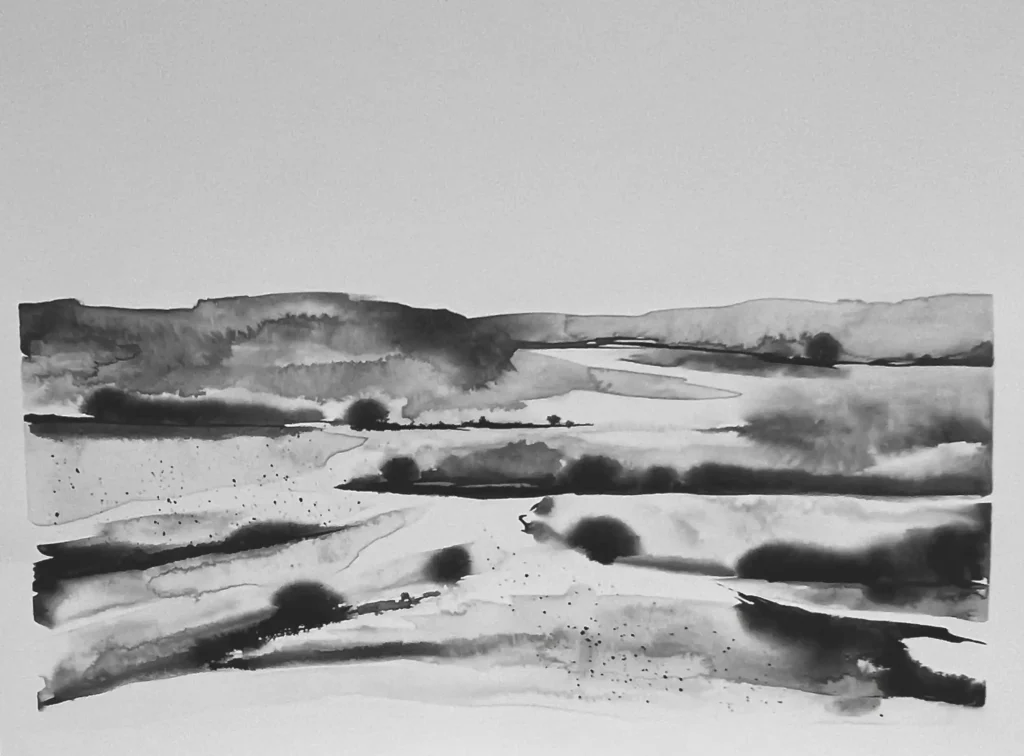 original 24 harewood twilight joy Indian Ink painting by paper and lan, contemporary Yorkshire landscape art