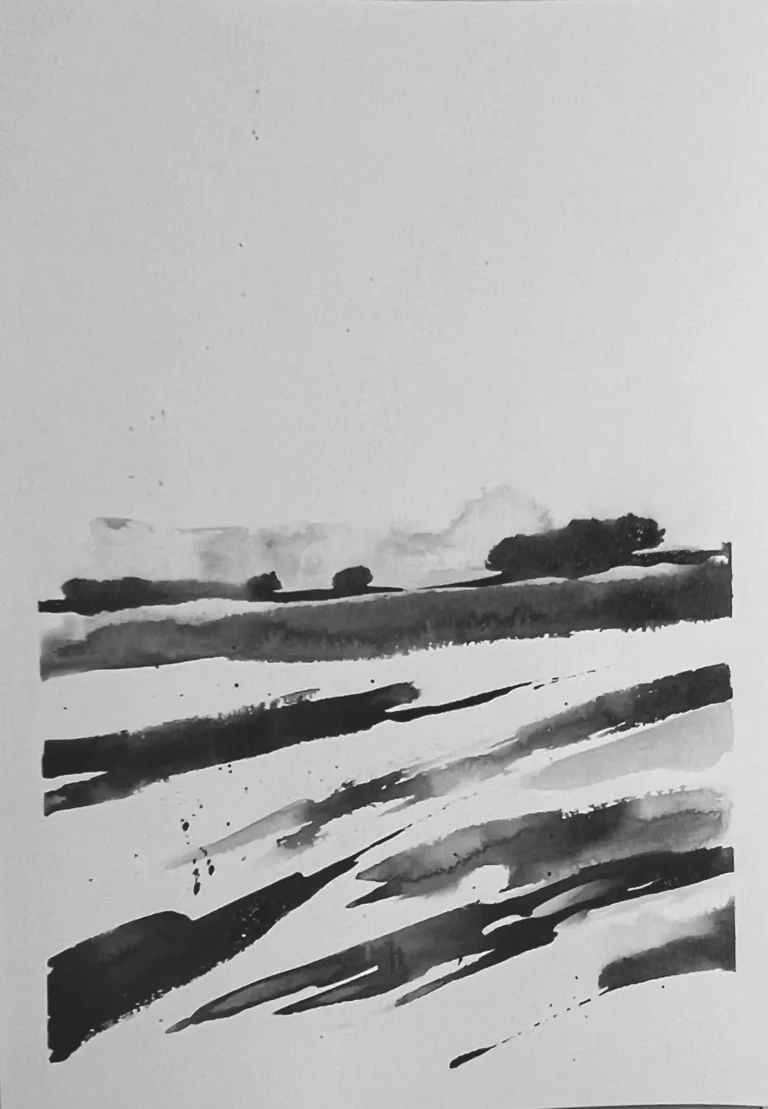 original 25 sunrise calm Indian Ink painting by paper and lan, contemporary Yorkshire landscape art