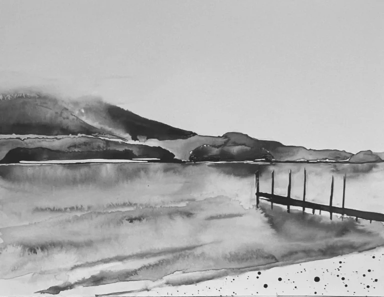 original 26 derwentwater jetty Indian Ink painting by paper and lan, contemporary Yorkshire landscape art