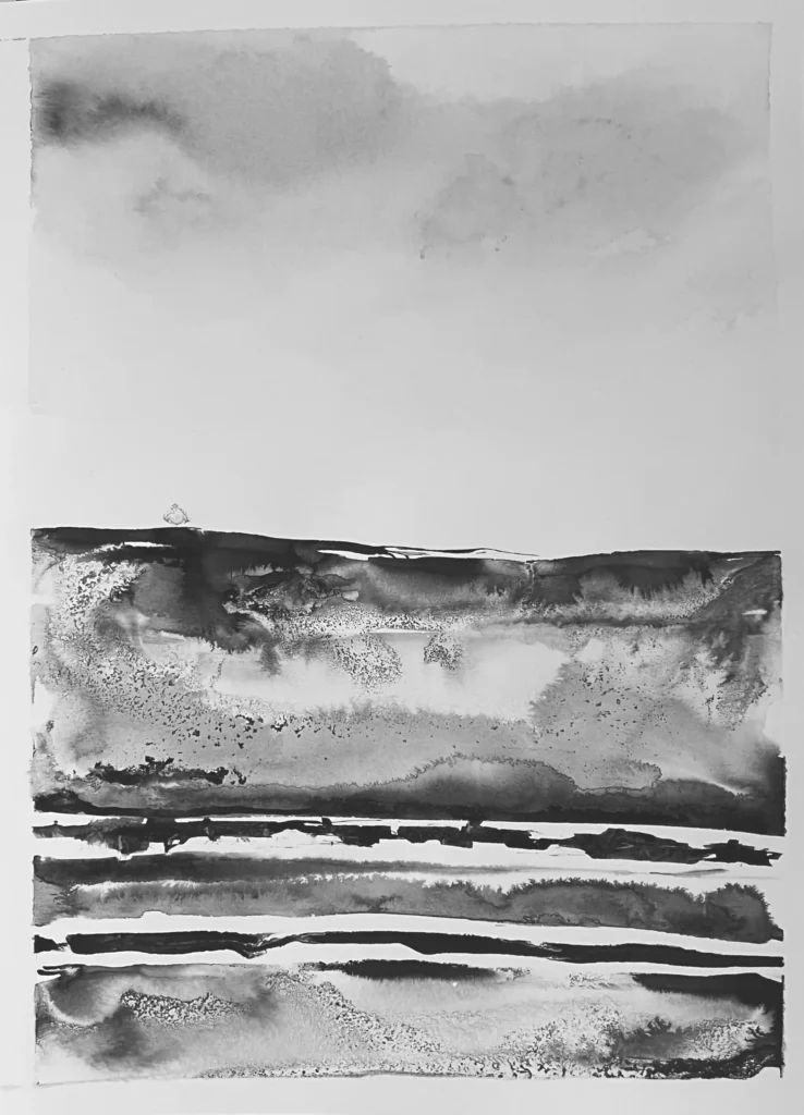 original 31 raspberry daydream Indian Ink painting by paper and lan, contemporary Yorkshire landscape art