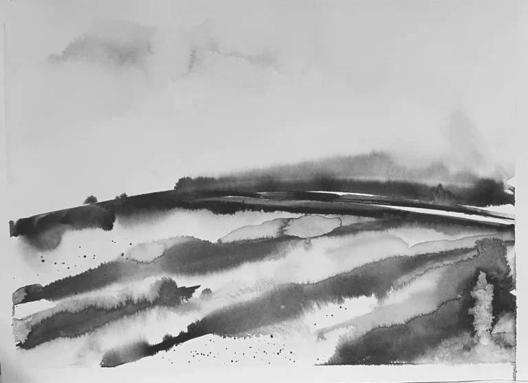 original 32 midsummer honey Indian Ink painting by paper and lan, contemporary Yorkshire landscape art