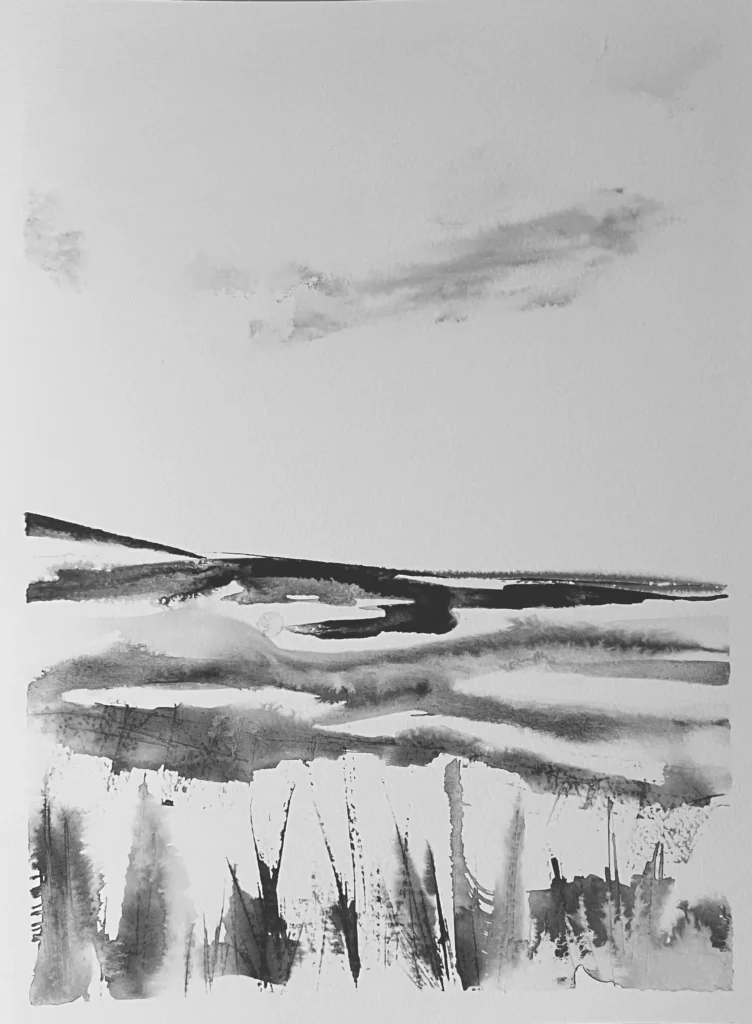 original 34 settle escape sorbet Indian Ink painting by paper and lan, contemporary Yorkshire landscape art