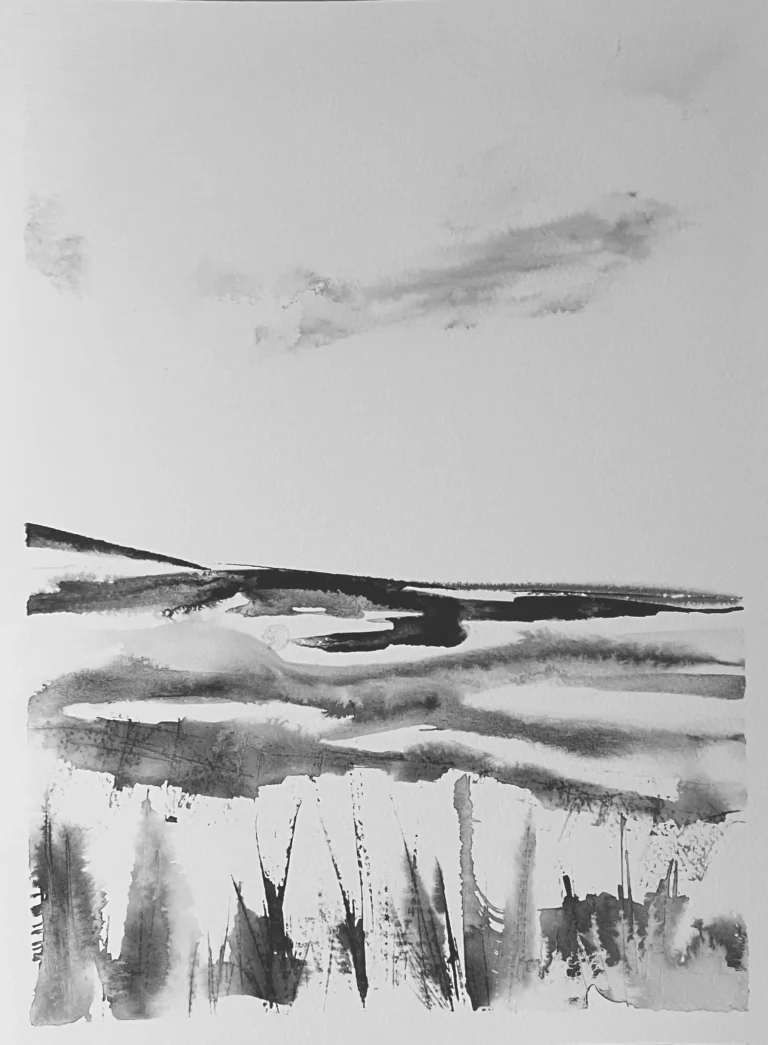 original 34 settle escape sorbet Indian Ink painting by paper and lan, contemporary Yorkshire landscape art